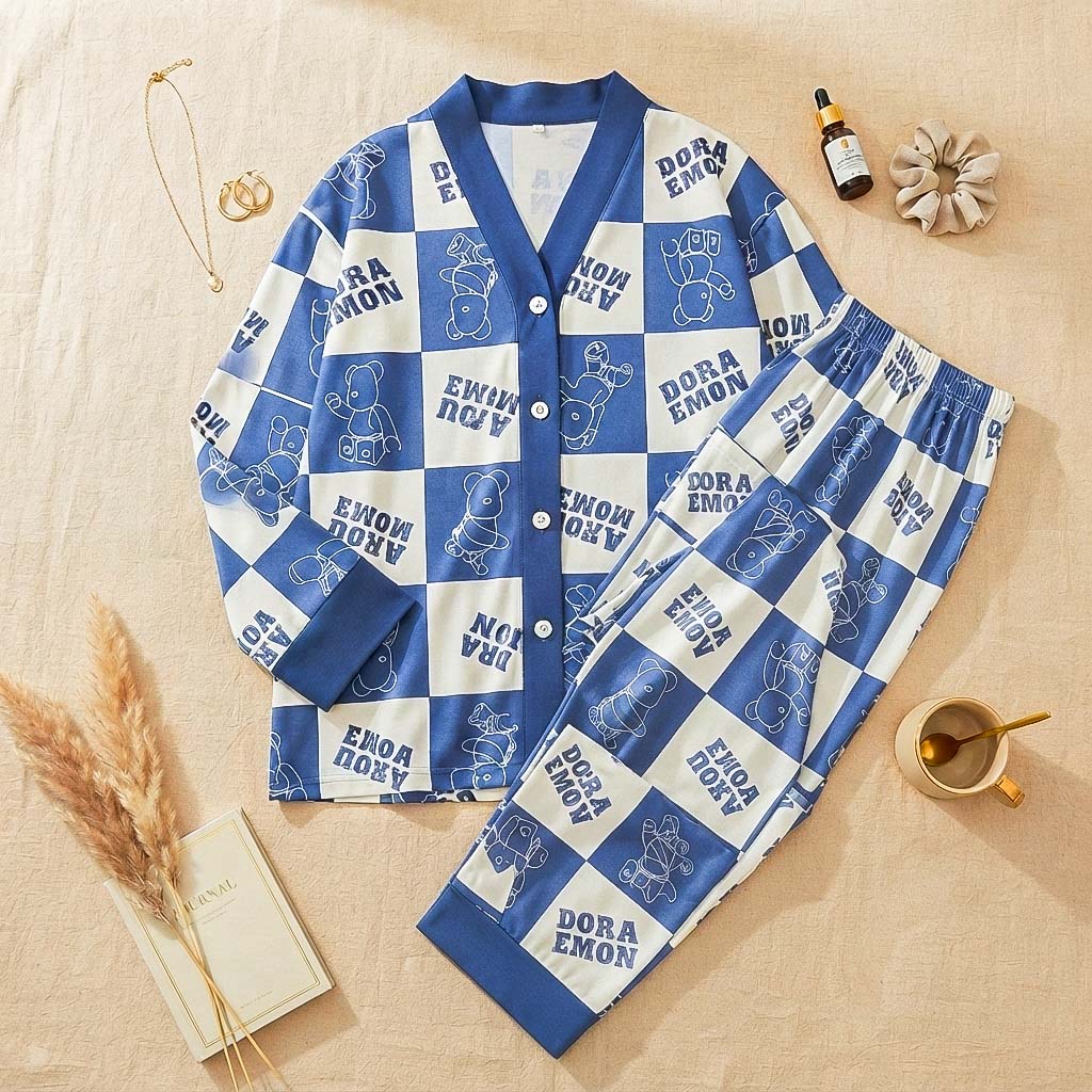 Dora Blue Check Style V-Neck Button Printed Night Suit