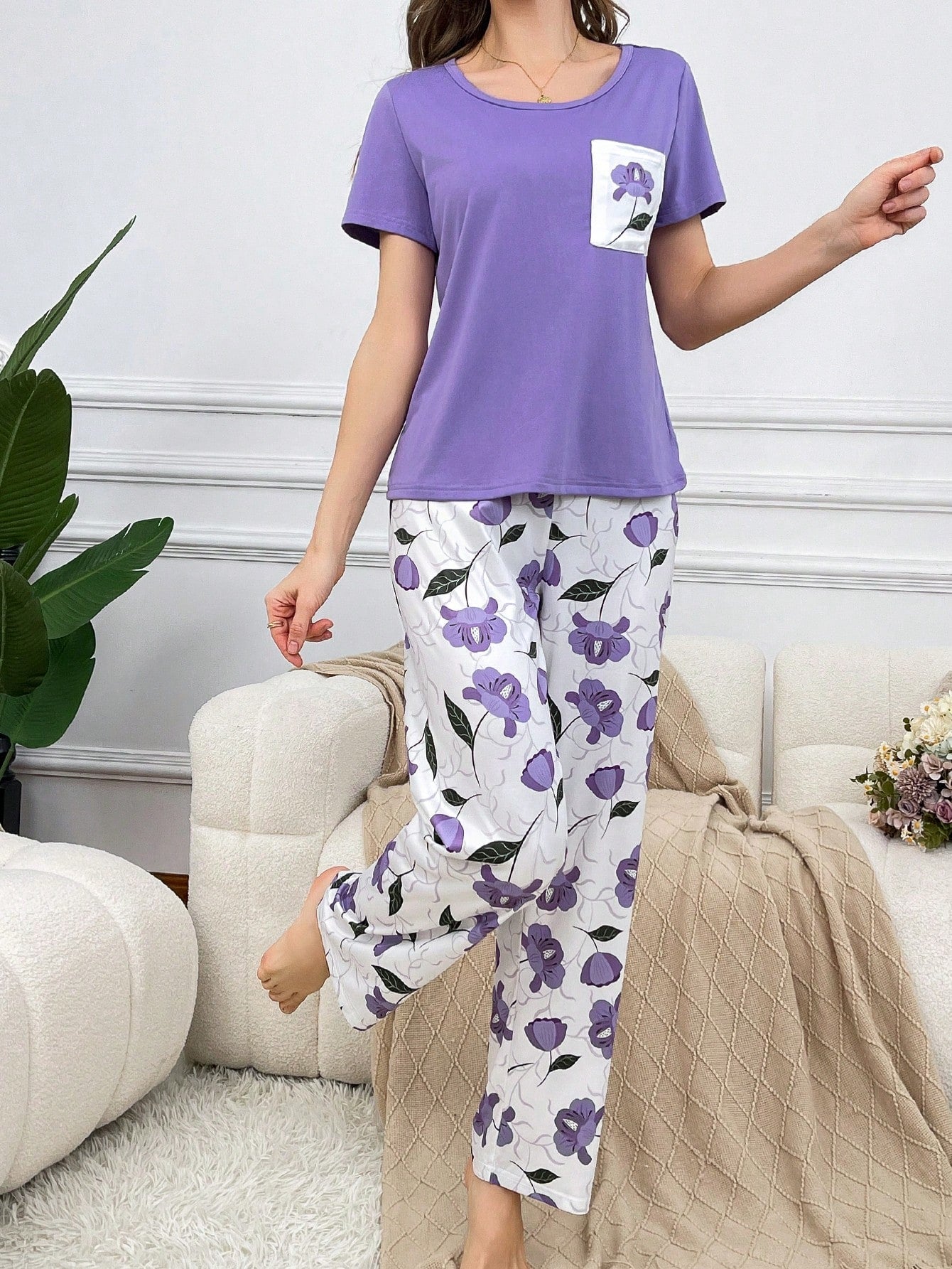 Purple Rose Printed Night Suit