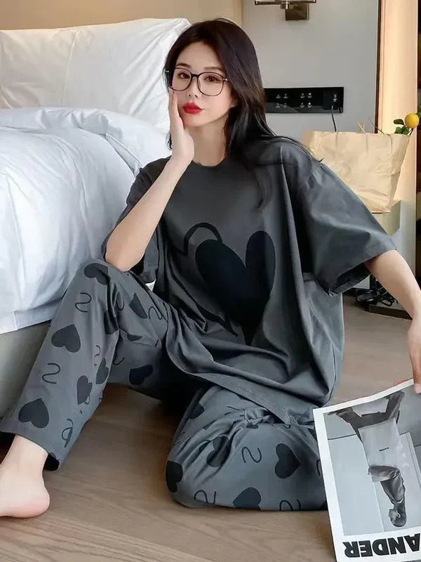 Grey Double Heart Half Sleeve Printed Night Suits