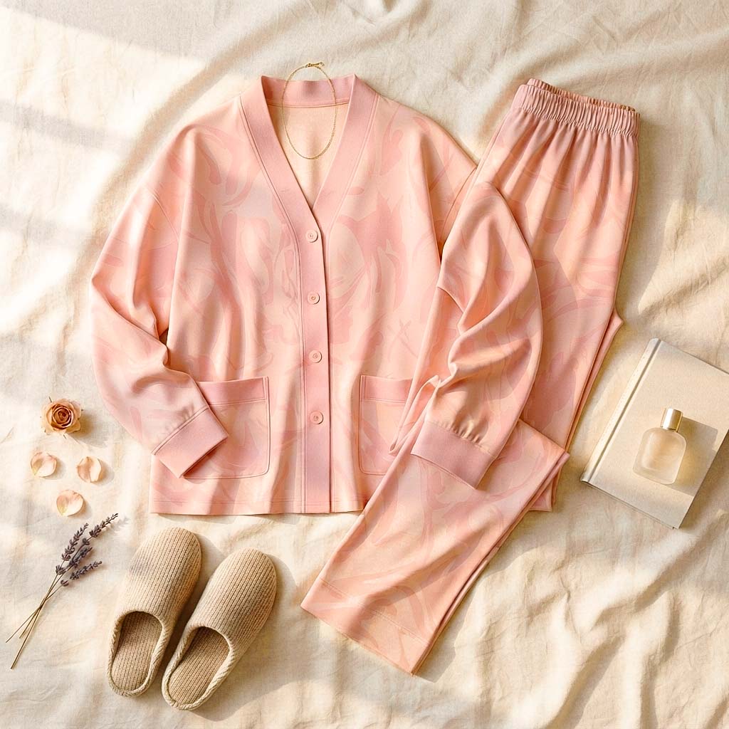 Baby Pink Petals V-Neck Button Printed Night Suit