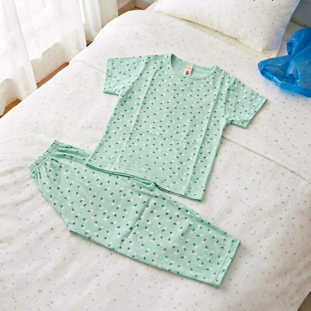 Green Flower Half Sleeve Kids Suit
