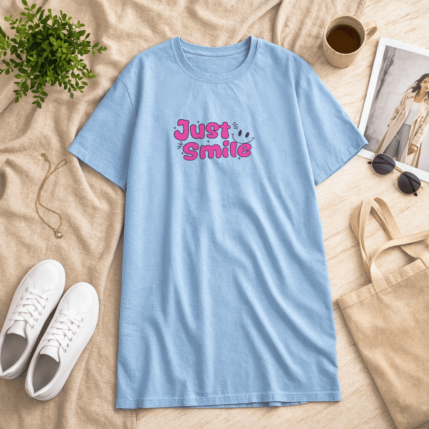 Just Smile Printed Blue Long T Shirt