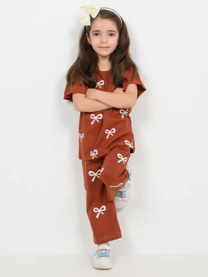 Brown Ribbon Half Sleeve Kids Suit