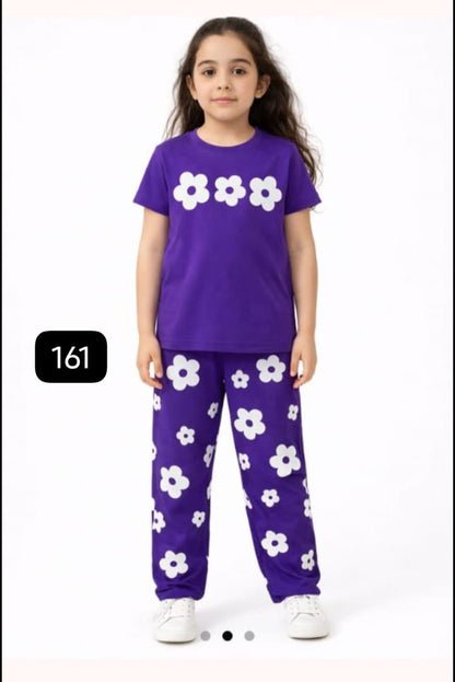 Purple Flower Half Sleeve Kids Suit