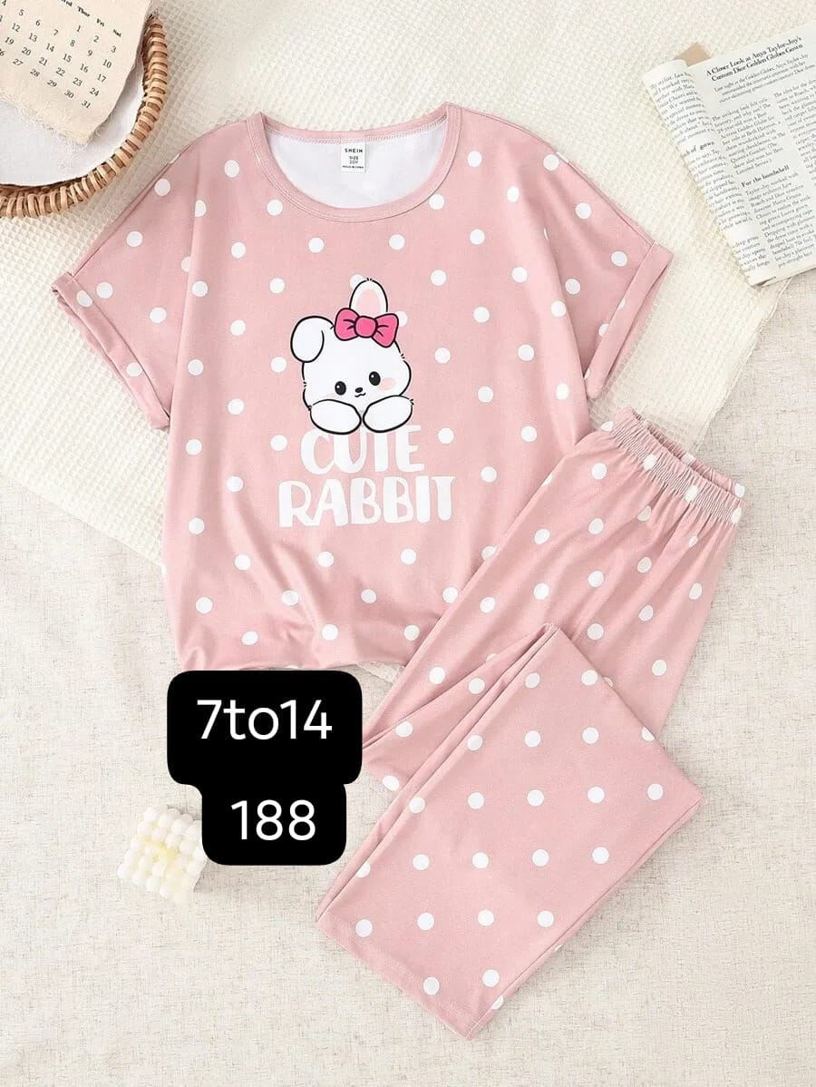 Pink Cute Rabbit Printed Half Sleeve Night Suit (7-14 Years)