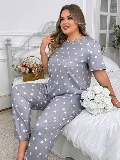 Grey With White Heart Printed Night Suit