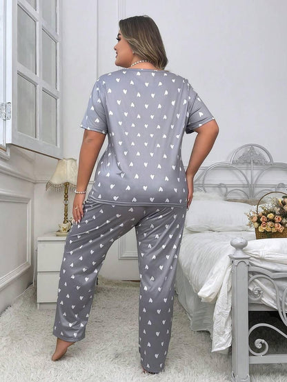 Grey With White Heart Printed Night Suit