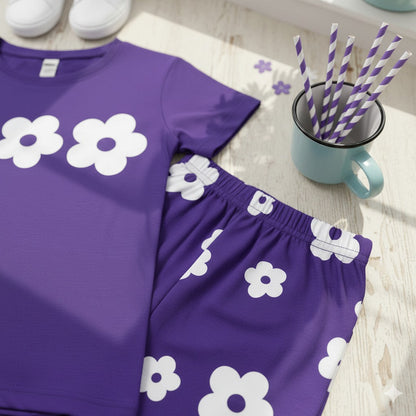 Purple Flower Half Sleeve Kids Suit