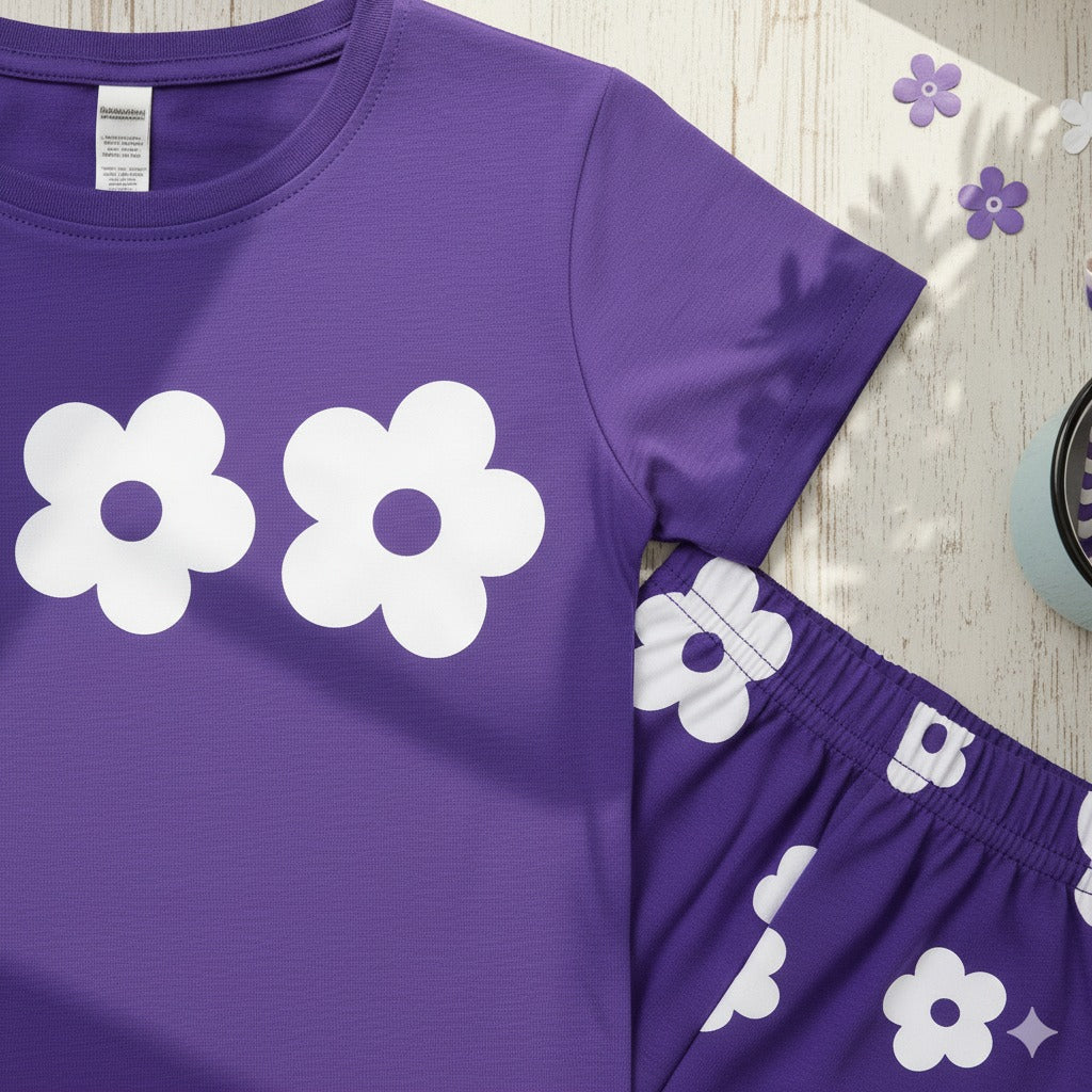 Purple Flower Half Sleeve Kids Suit