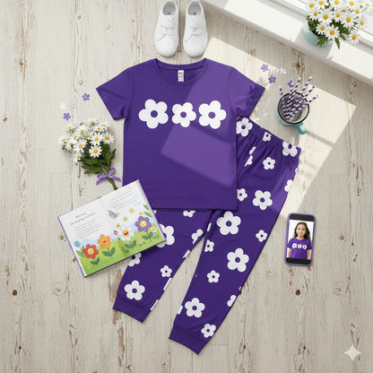 Purple Flower Half Sleeve Kids Suit