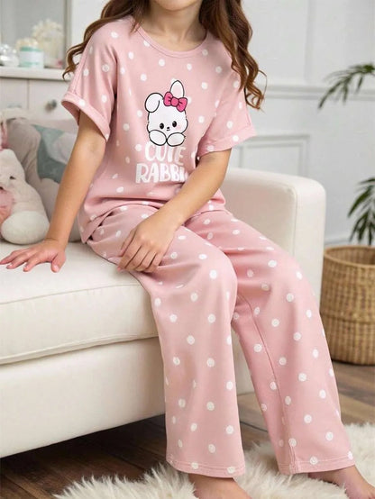 Pink Cute Rabbit Printed Half Sleeve Night Suit (7-14 Years)