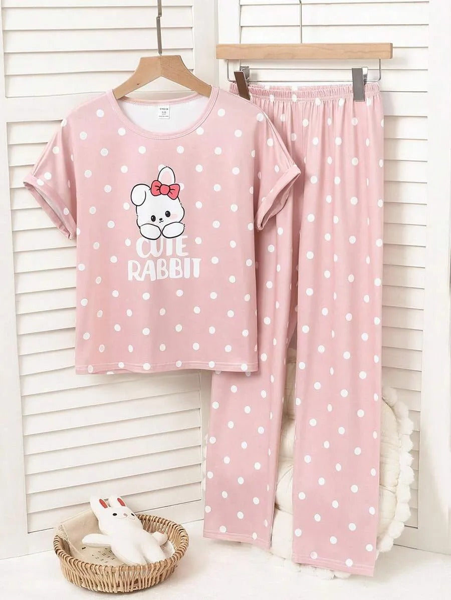 Pink Cute Rabbit Printed Half Sleeve Night Suit (7-14 Years)