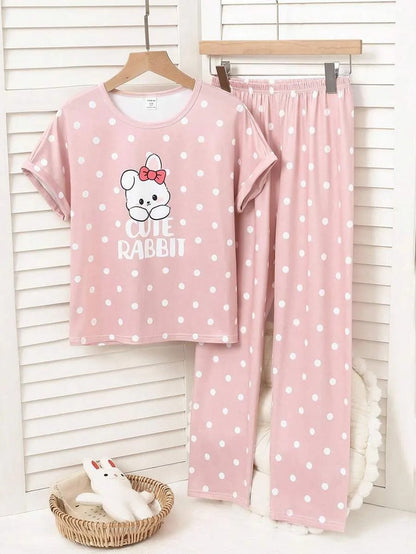 Pink Cute Rabbit Printed Half Sleeve Night Suit (7-14 Years)