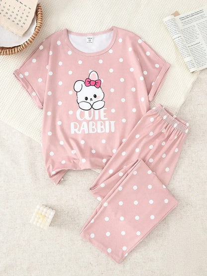 Pink Cute Rabbit Printed Half Sleeve Night Suit (7-14 Years)