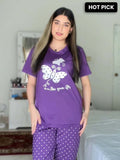 Purple Butterfly Print Women Night Suit