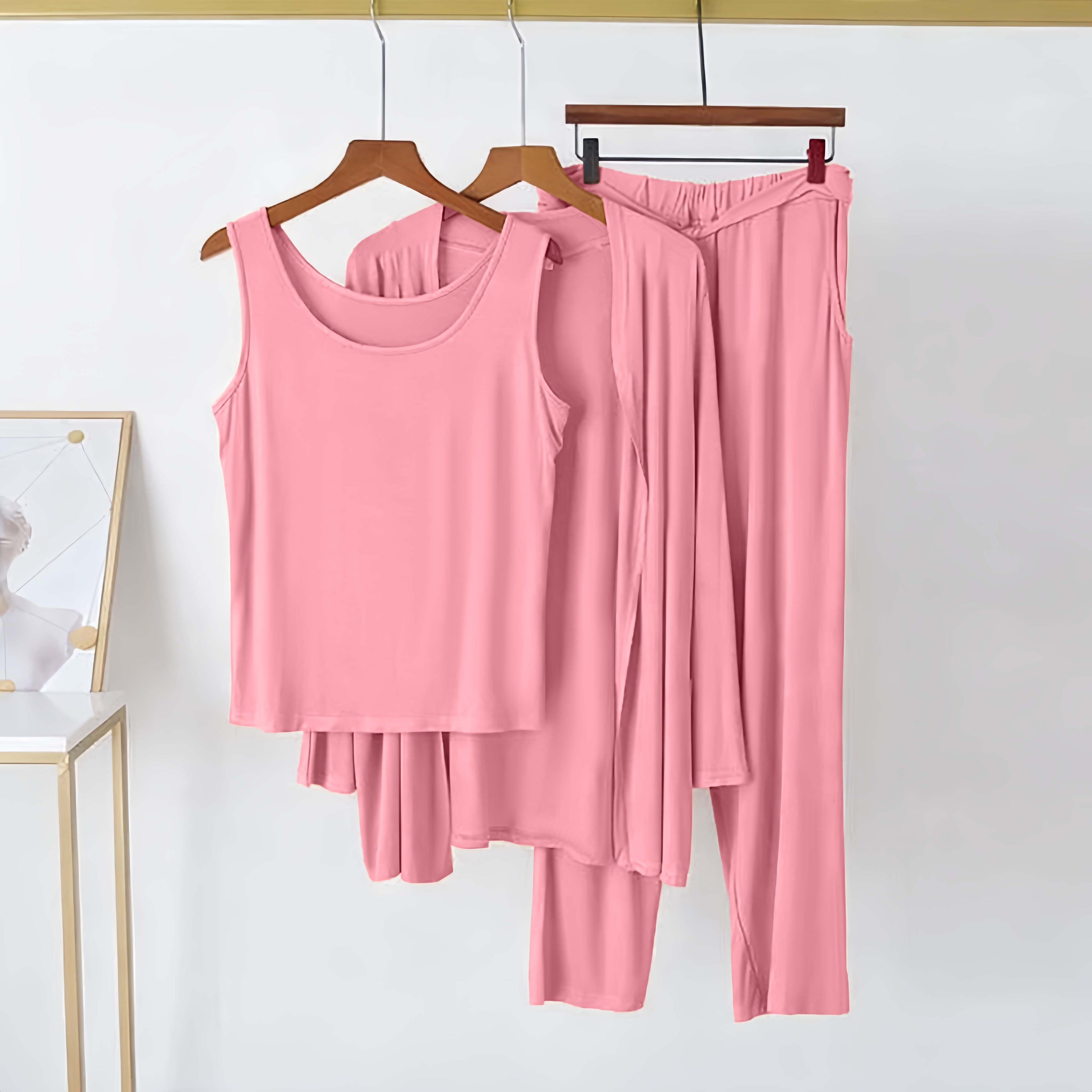 3-Piece Baby Pink Plain Luxury Nightwear Set