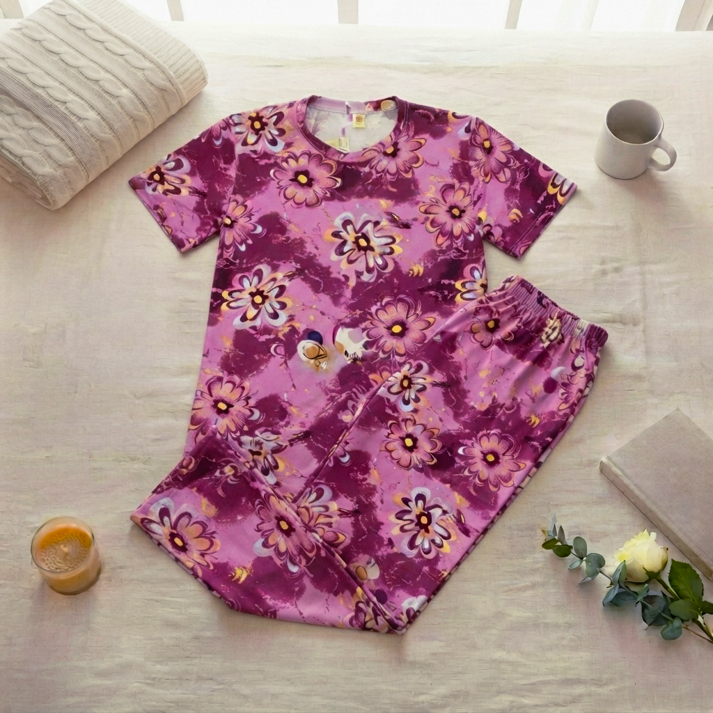 Maroon Flower Design Printed Night Suit
